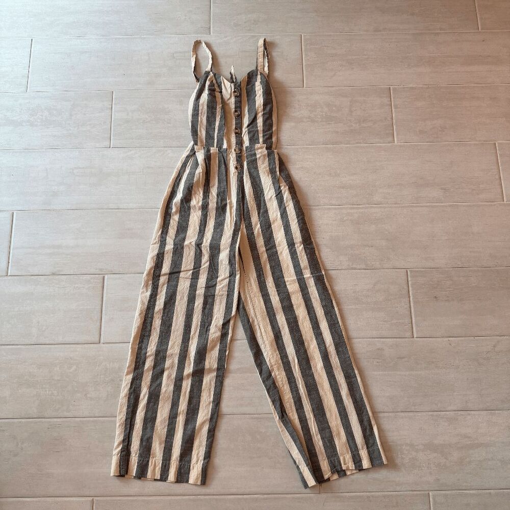 Japna Striped Button Front Jumpsuit Cream Blue Smocked Open Back Wide Leg Small